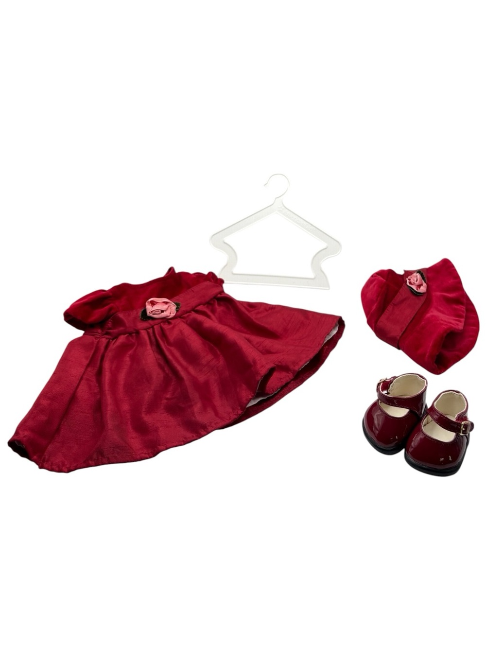 VTG American Girl Bitty Baby 2004 Rosy Red  Christmas Dress Hat Shoes Hanger